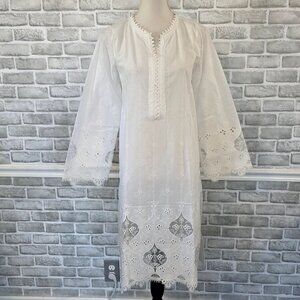 Image White Cotton Lace Tunic Medium Sheer Resort Wear Swim Cover Up Boho